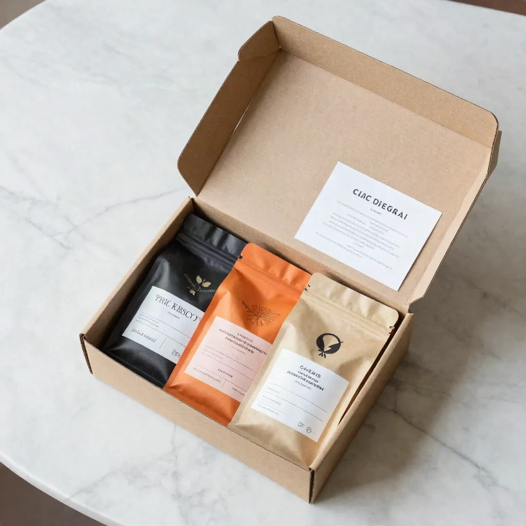 Top-down view of an artisan coffee subscription box opened on a marble counter, kraft bags and card