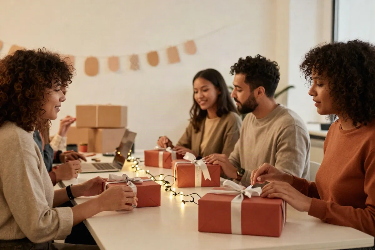 Colleagues exchanging wrapped gifts at a casual office holiday party