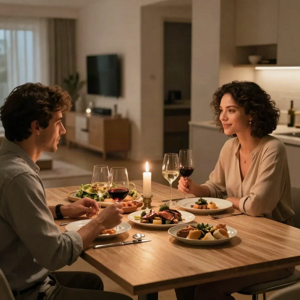 Par njuter av en stämningsfull gourmetmiddag vid levande ljus hemma