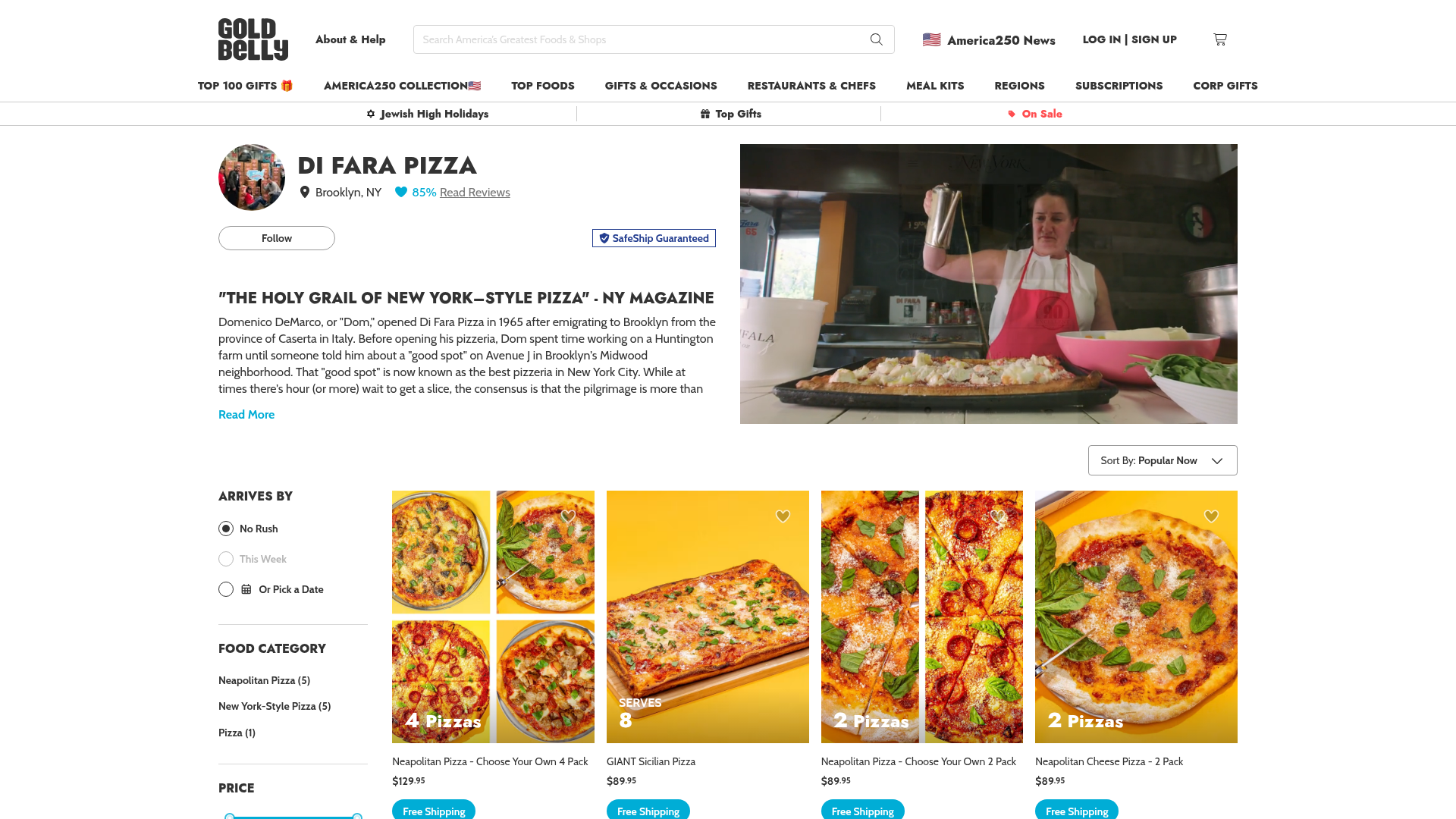 Di Fara Pizza's Goldbelly page showing its SafeShip Guaranteed badge and 85 percent rating