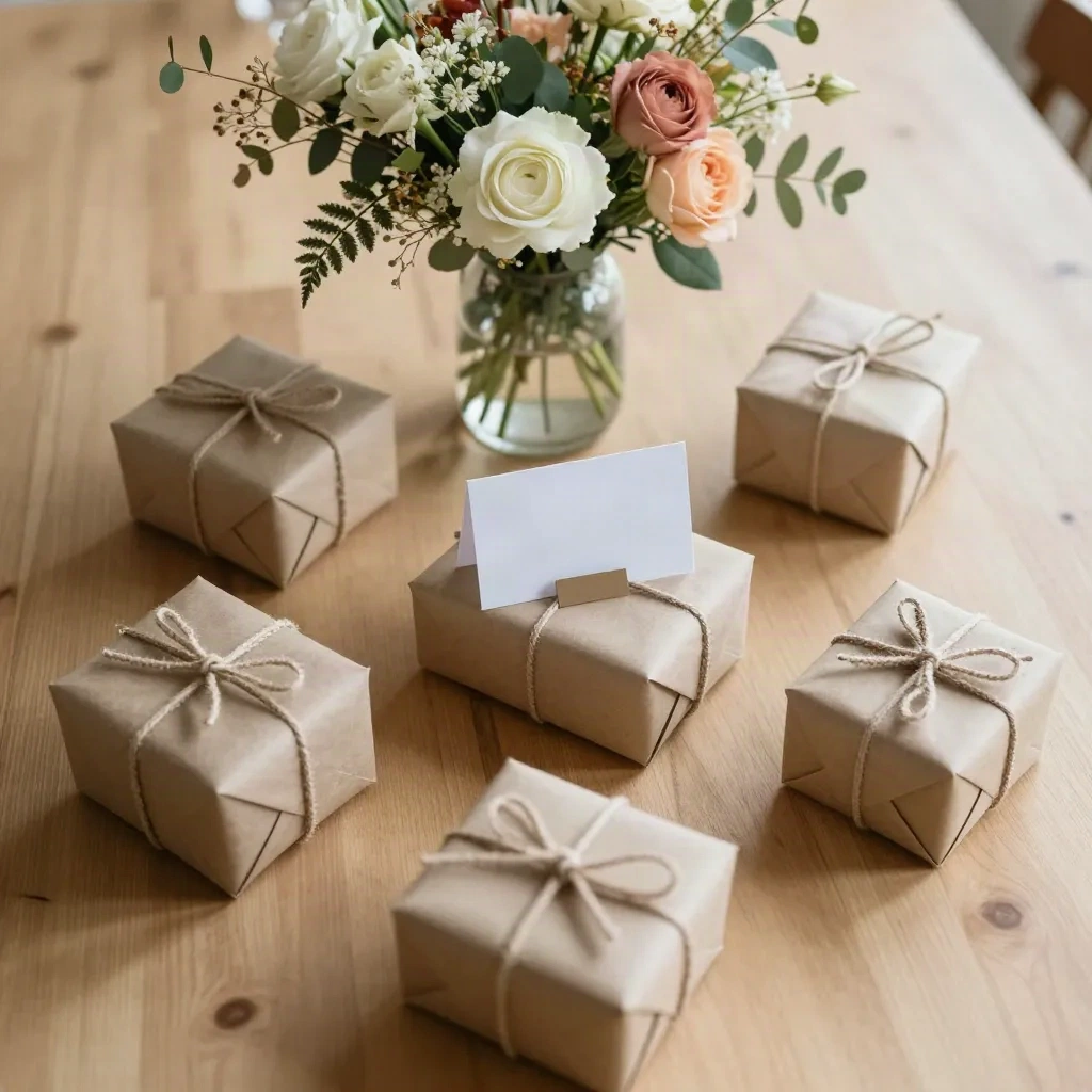 Vista superior de mesa com vários presentes embrulhados dispostos com flores e um cartão de aniversário