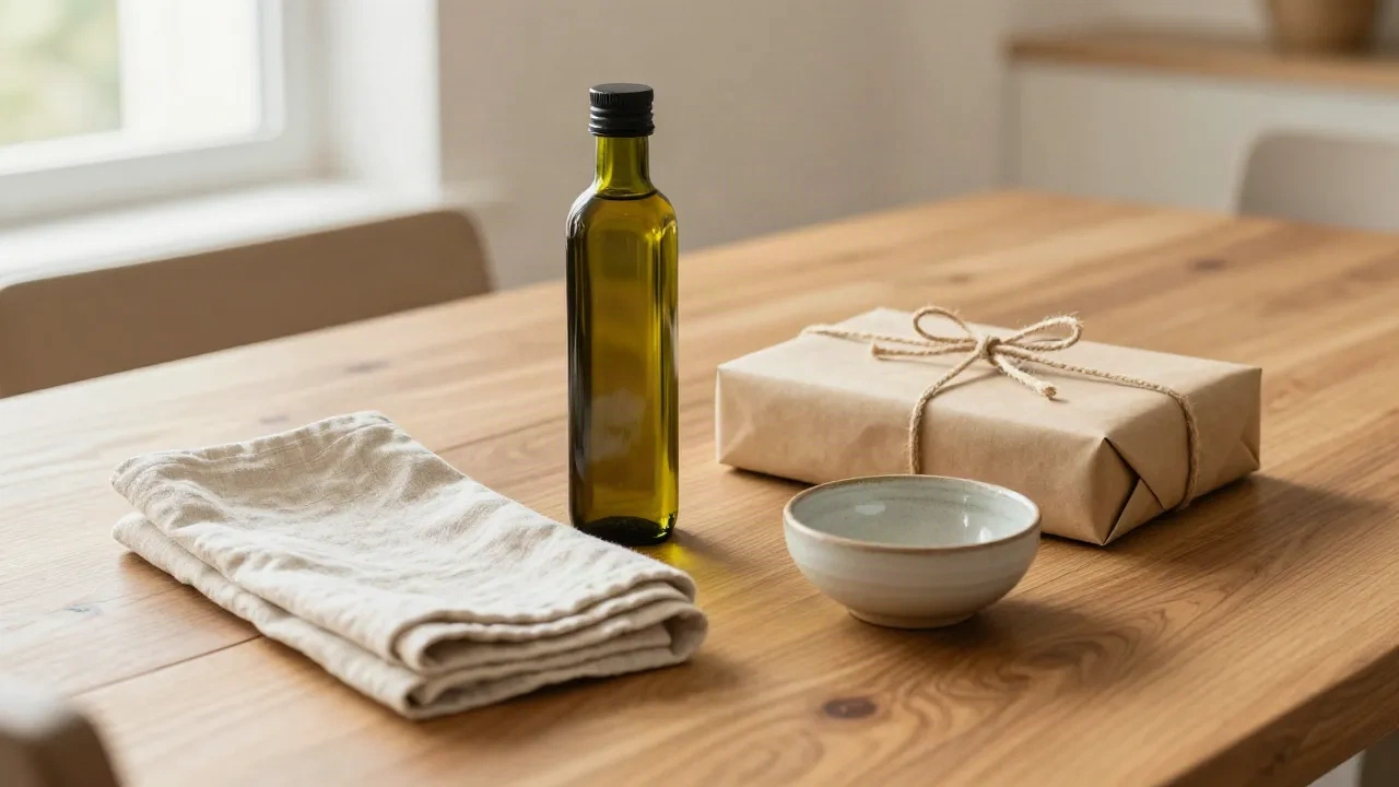 Selezione curata di regali per casa nuova su un tavolo di quercia con olio d'oliva artigianale e pacchetto avvolto