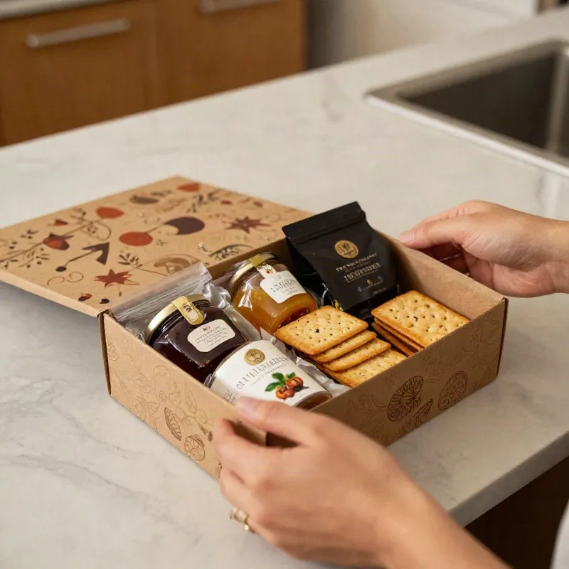 Hands carefully opening an artisan food gift box, a considered graduation gift for someone beginning again in a new city