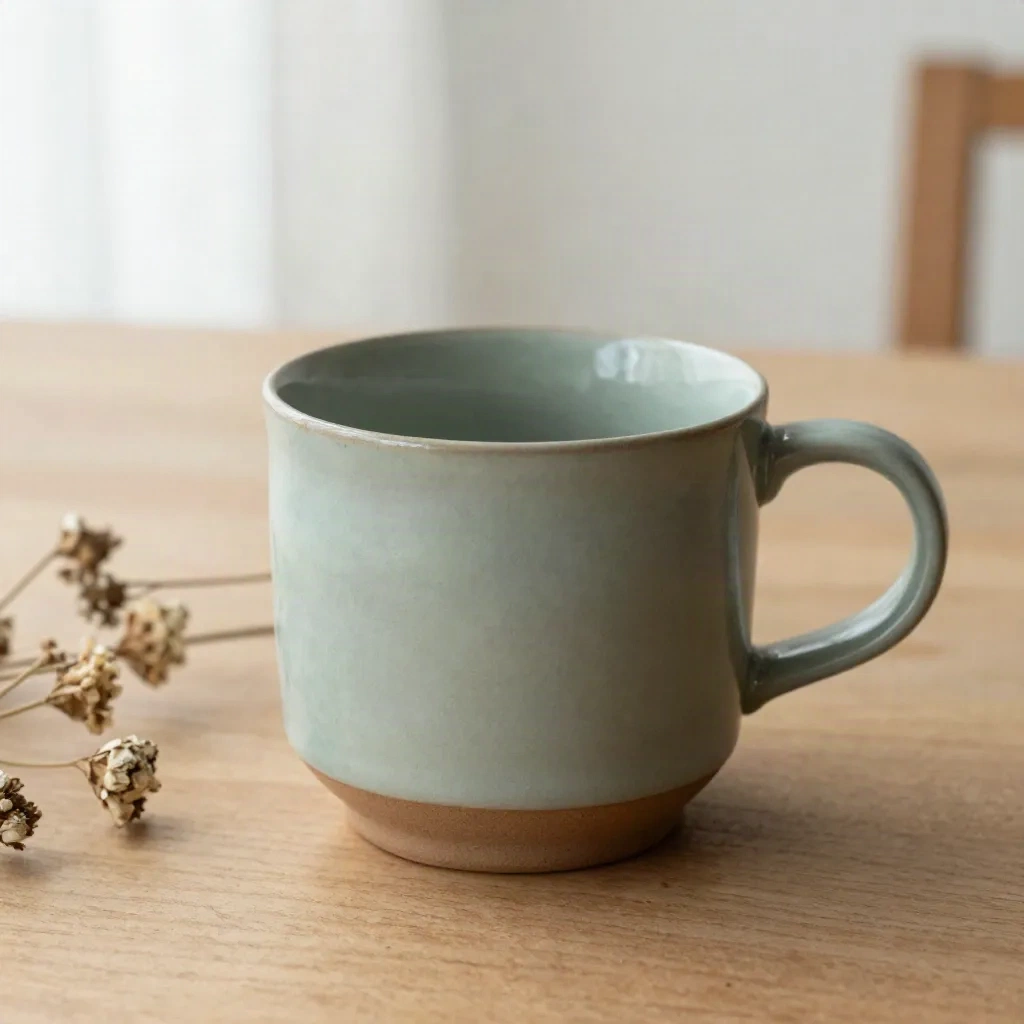 Hand-thrown ceramic mug with sage green glaze beside dried flowers on a wooden table