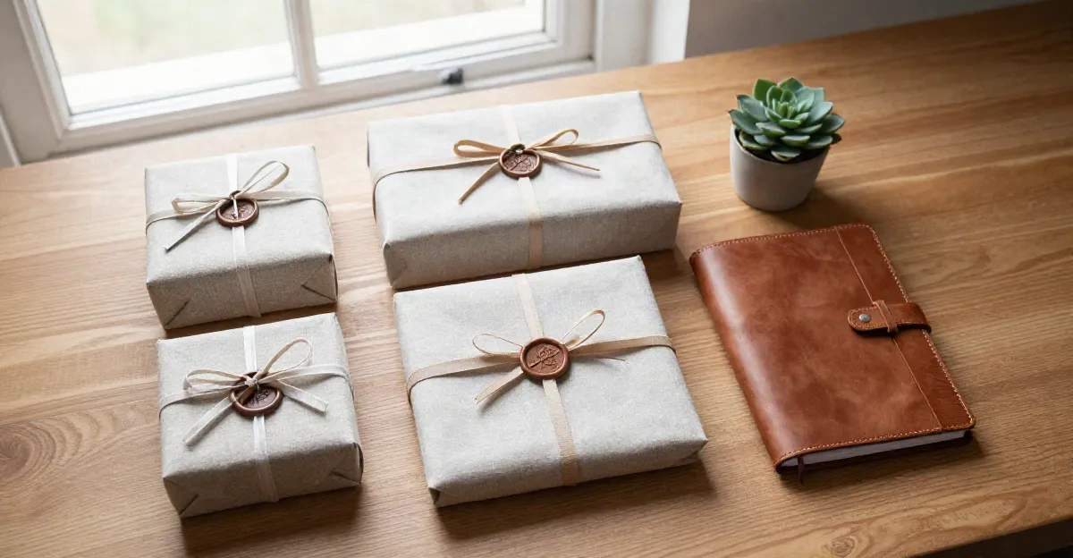 Graduation gift ideas: a styled flat lay of wrapped gifts and meaningful objects on a warm desk