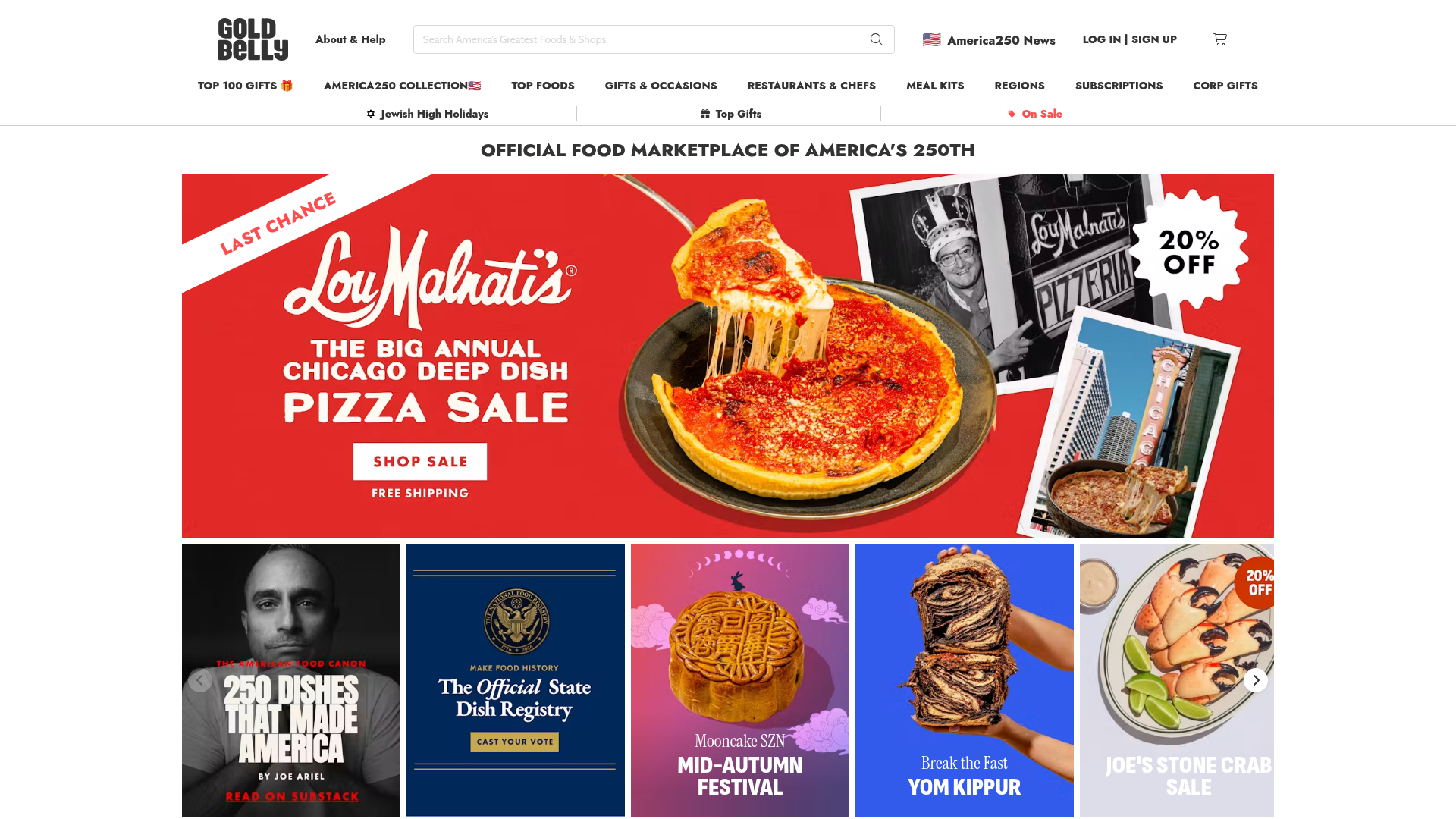 Goldbelly homepage showing the America250 collection and a Chicago deep dish pizza sale banner