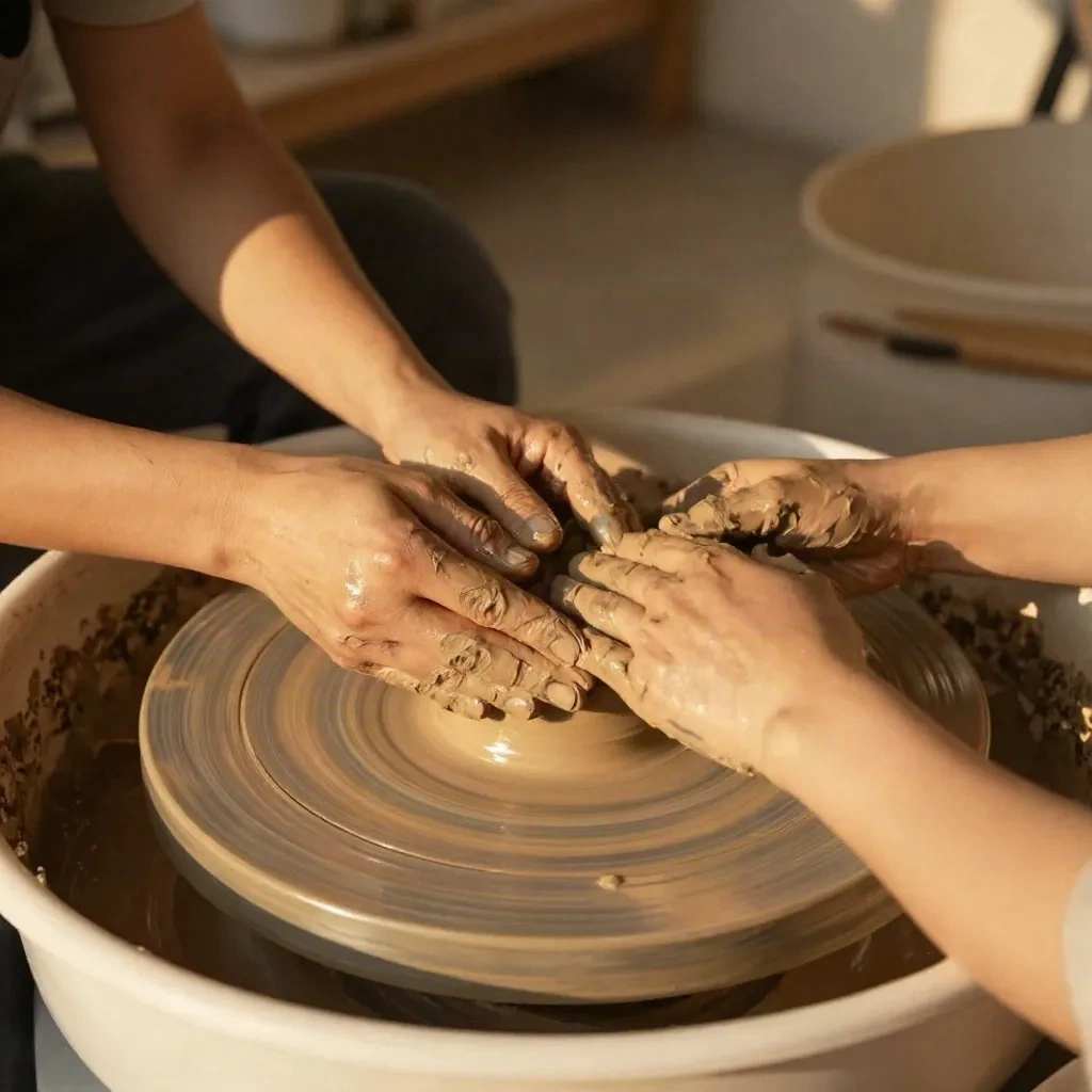 Two pairs of hands shaping clay on a pottery wheel in a warm workshop studio