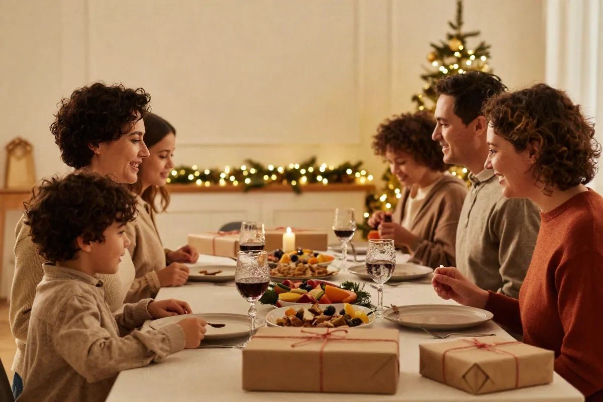 Family gathered around a table with wrapped presents during a holiday gift exchange