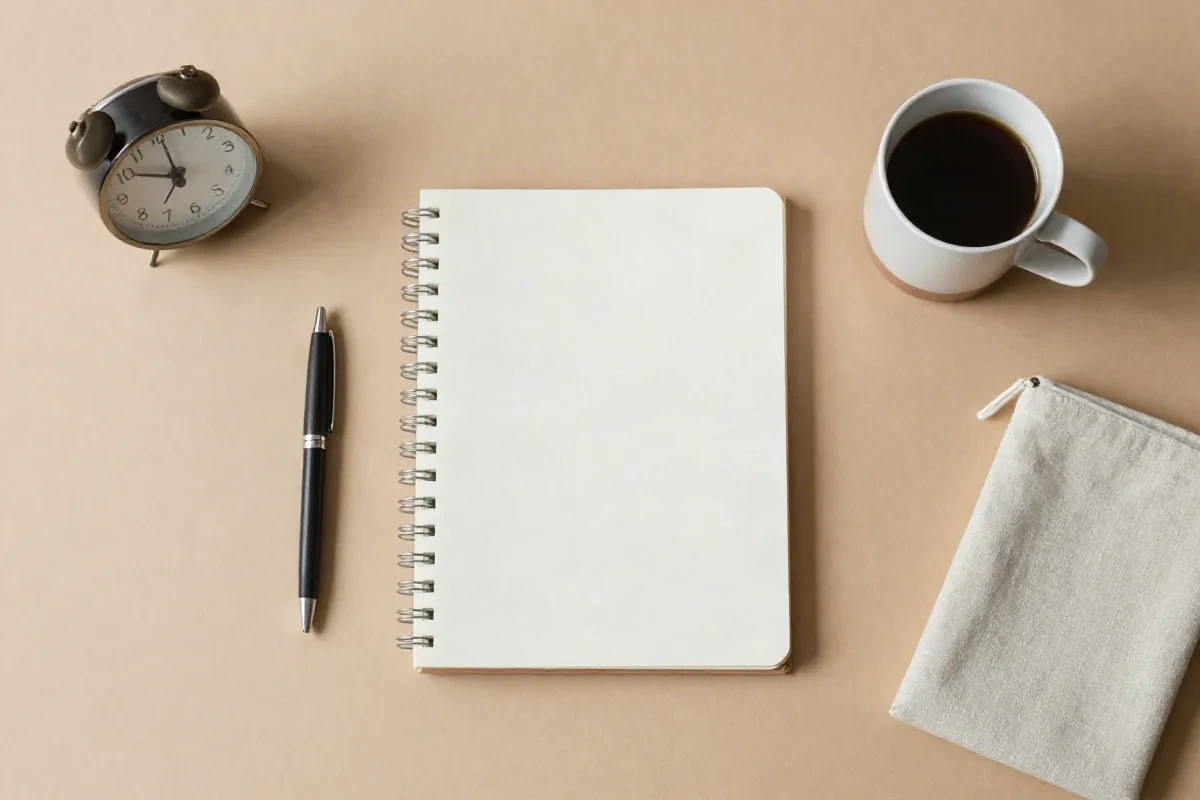 A minimal desk setup with a quality notebook, ceramic mug, and pen: practical graduation gifts for a new professional
