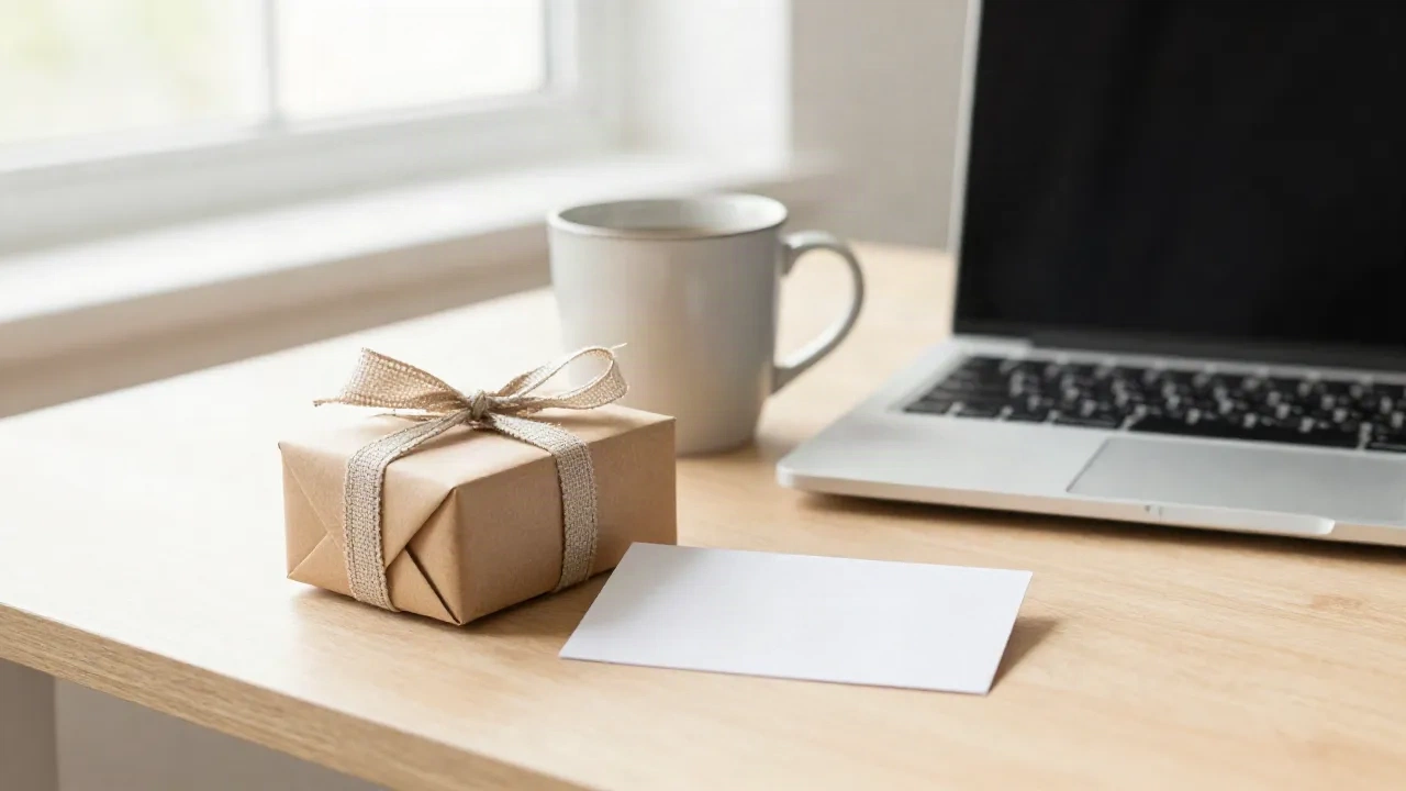 Ein klein kraftpapier-verpacktes Geschenk und eine leere Karte auf einem Büroschreibtisch neben einer Tasse und einem Laptop