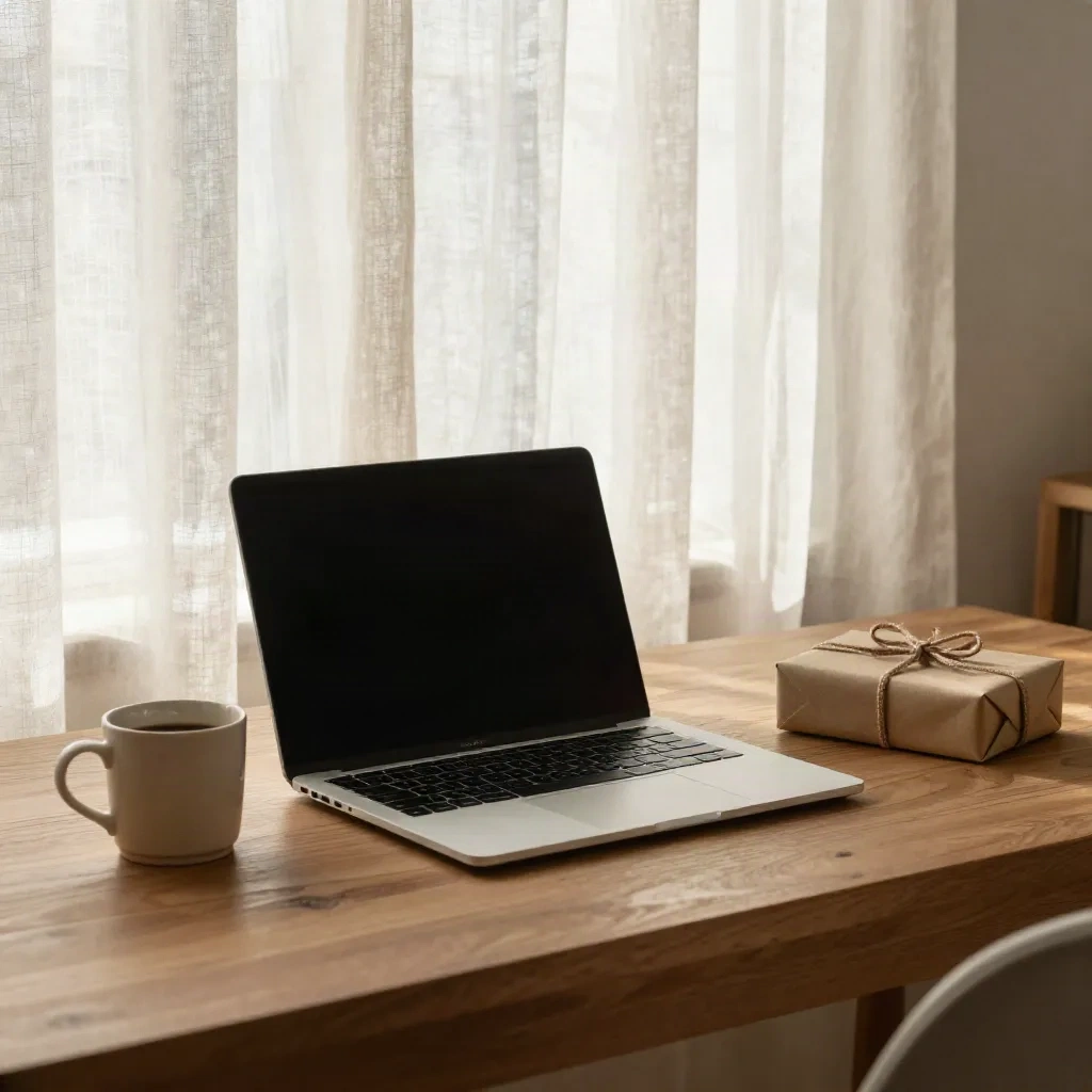 Espaço de trabalho aconchegante com notebook, caneca de café e um pequeno presente embrulhado à luz da tarde