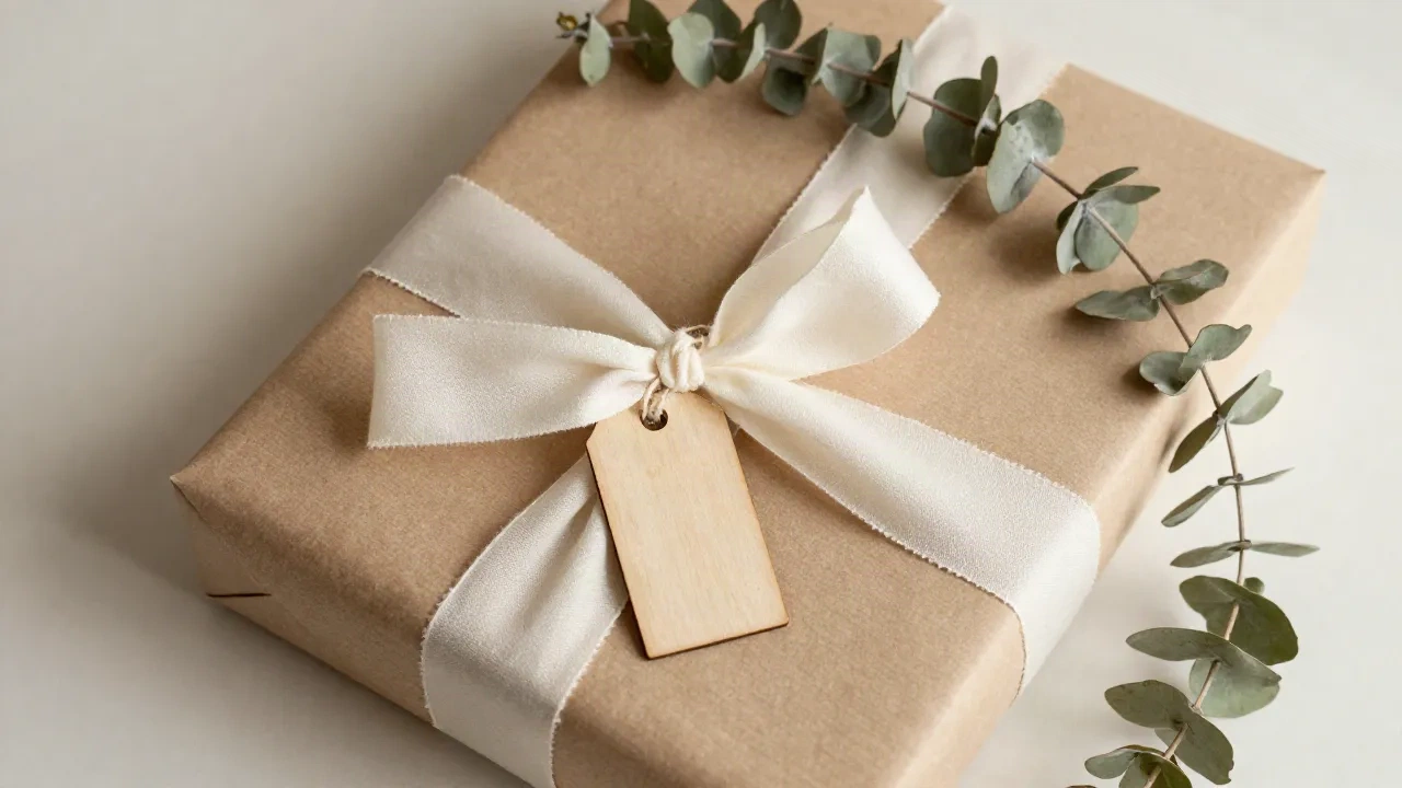 Elegantly wrapped wedding gift with ivory ribbon and eucalyptus on kraft paper