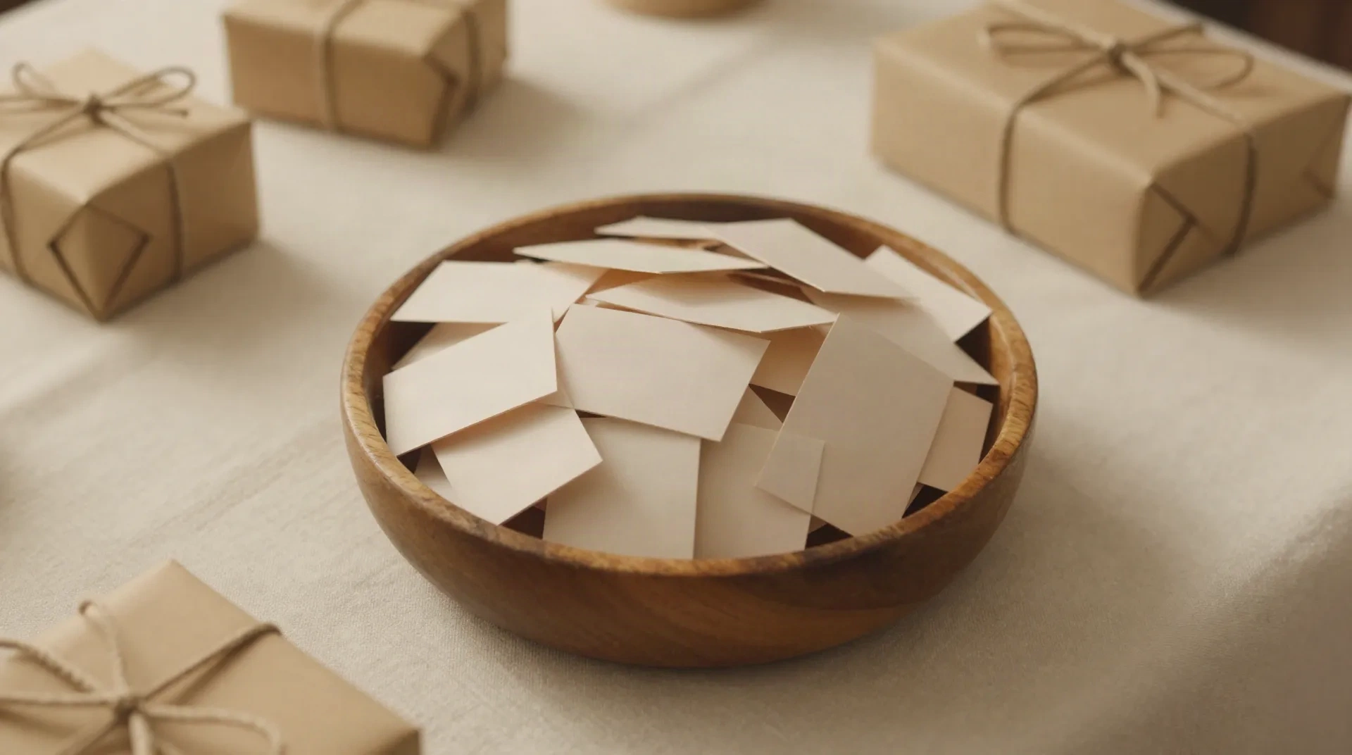 Eine Holzschale mit zusammengefalteten Namenszetteln für eine Geschenkaustausch, umgeben von verpackten Präsenten