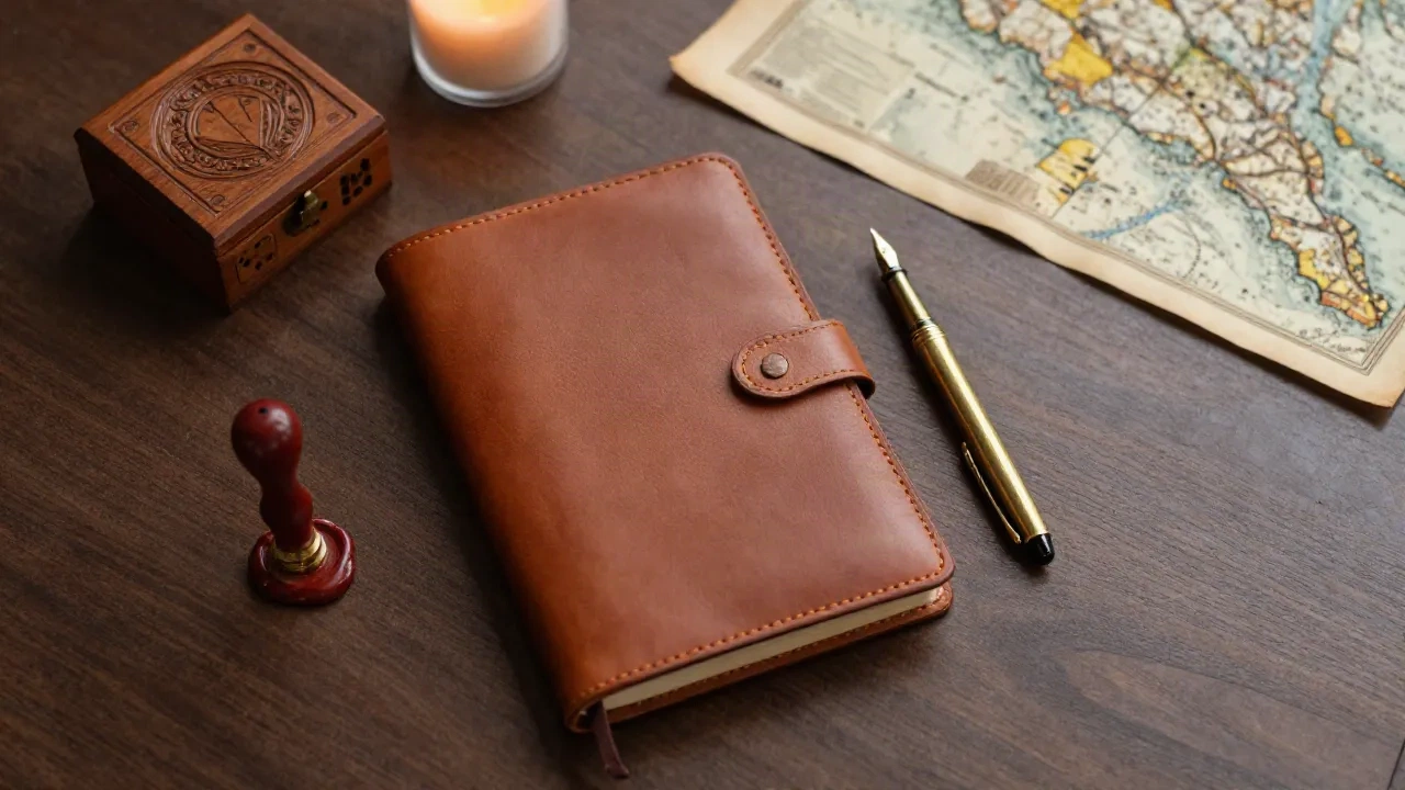 Leather journal, brass pen, wax seal stamp and engraved wooden box on a walnut desk beside an old map
