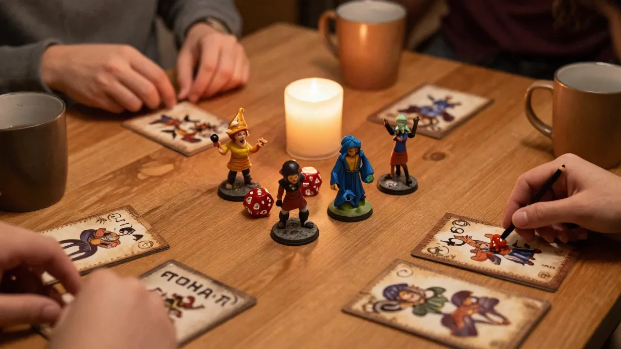 Friends at a candlelit tabletop game night with hand-drawn character cards, miniatures and dice