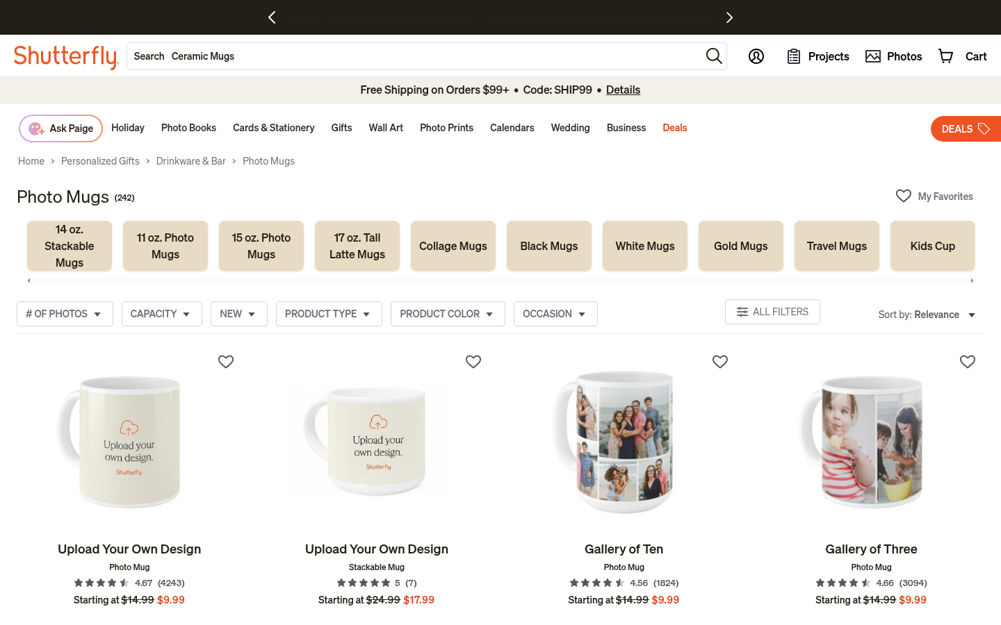 Shutterfly photo mugs listing showing 242 designs and $9.99 starting prices
