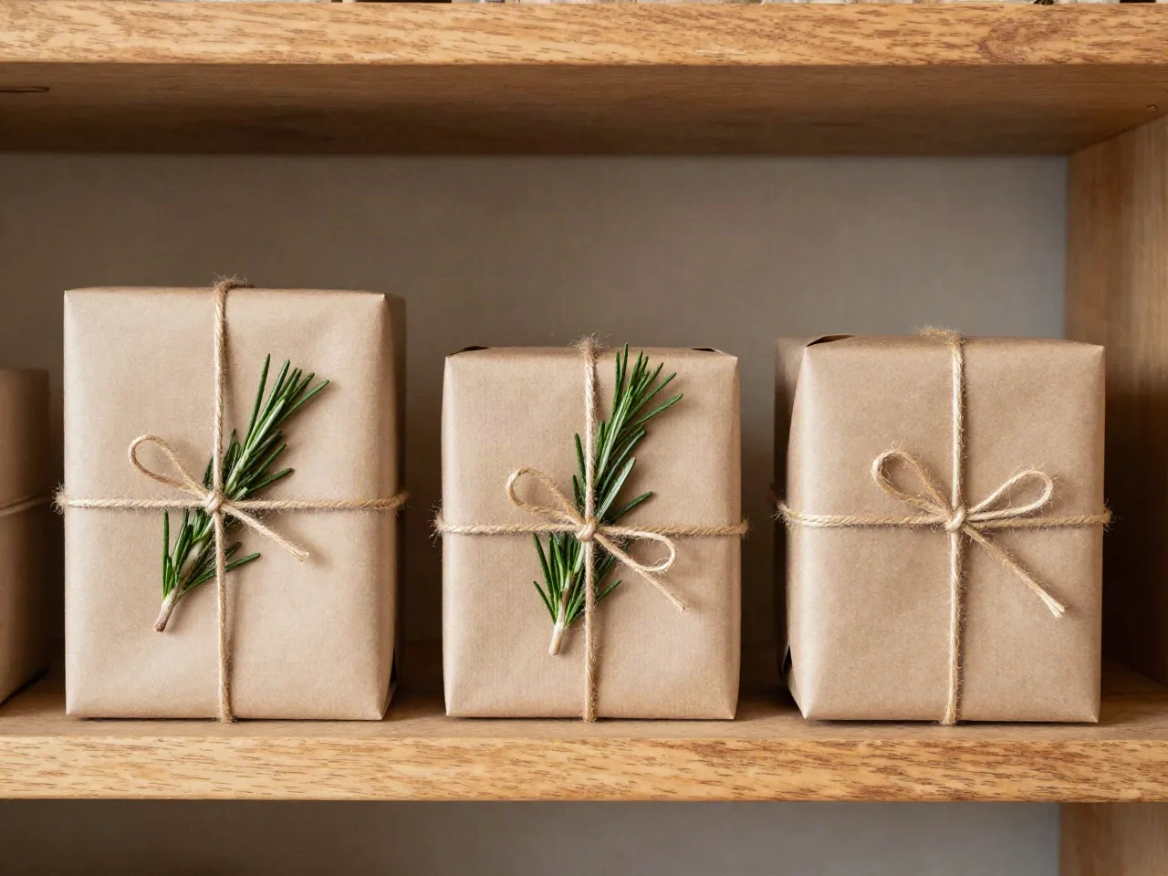 Three wrapped gift boxes in kraft paper with rosemary sprigs on a wooden shelf