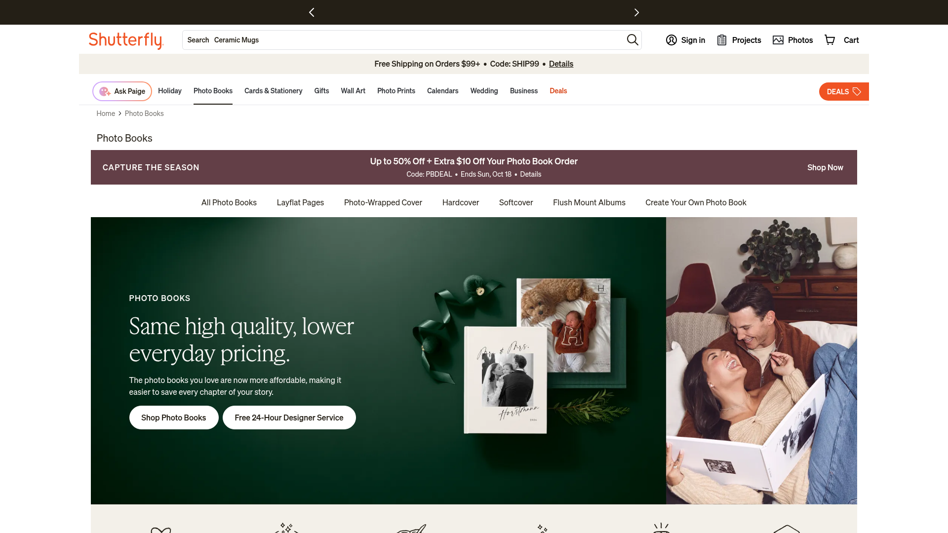 Shutterfly photo books category page with layflat, hardcover and softcover filters