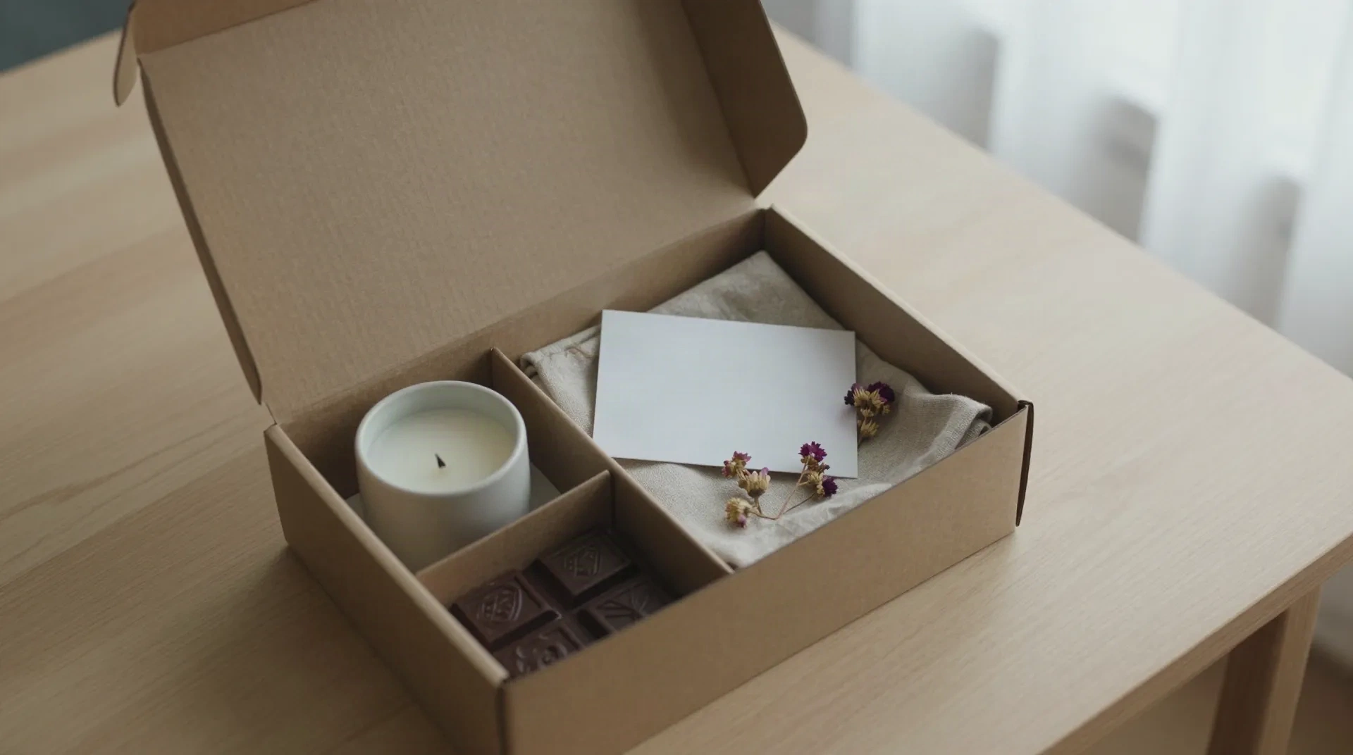Open kraft gift box with compartments holding a candle, chocolate, a linen napkin and a blank card