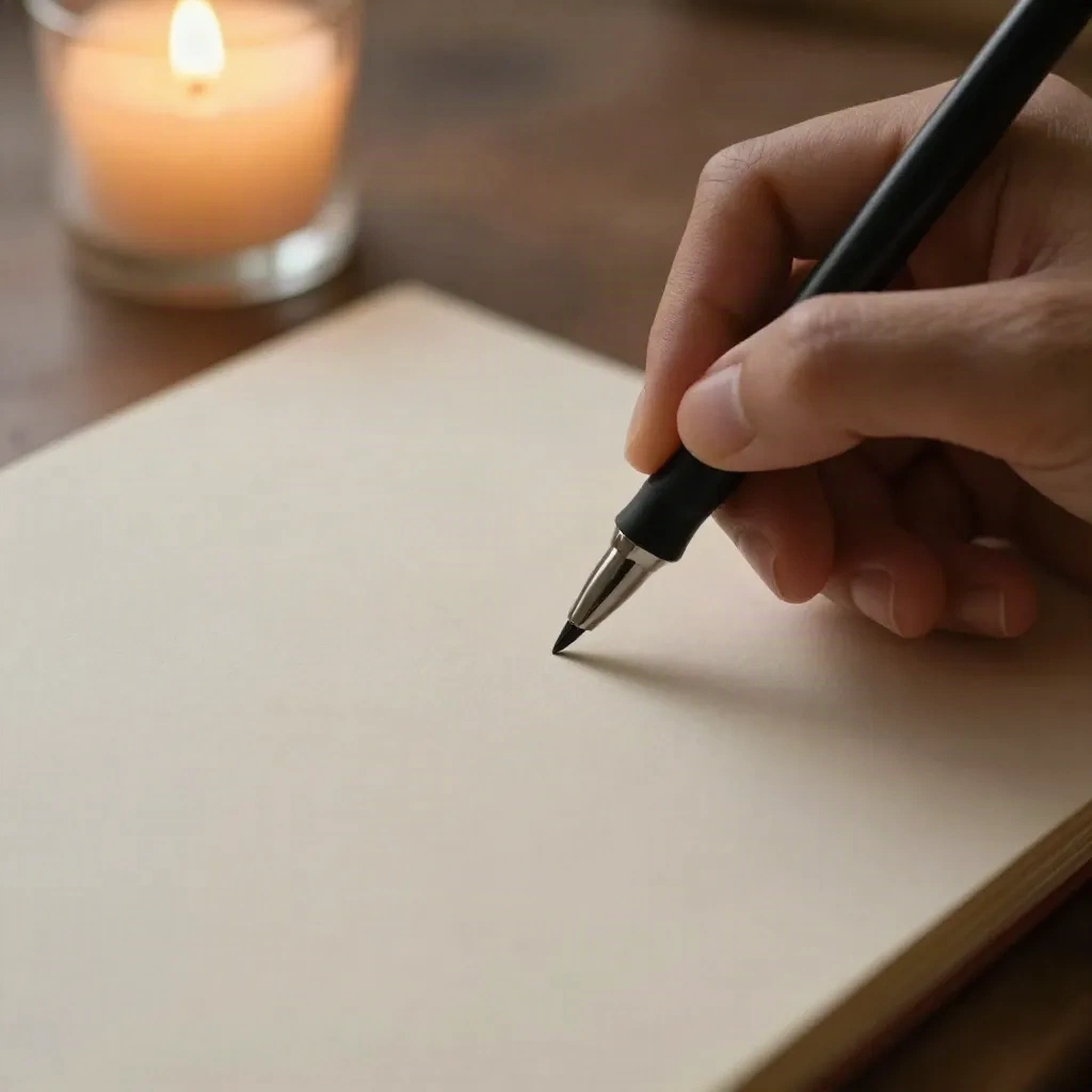 Hand schreibt mit einem schwarzen Stift eine kurze Notiz auf eine cremefarbene, gefaltete Karte bei Kerzenlicht