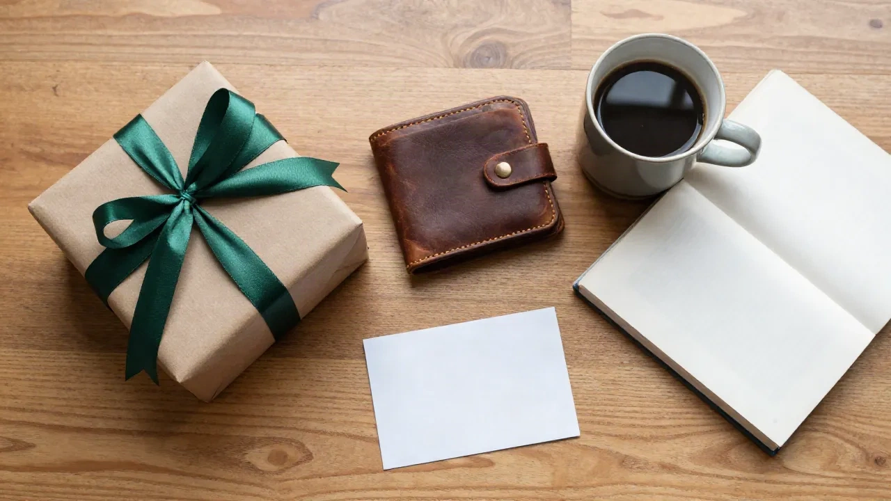 Flat-lay of a wrapped gift, leather wallet, coffee mug and paperback on an oak table
