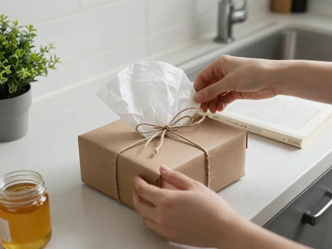 Hands tying twine around a wrapped custom gift box on a kitchen counter
