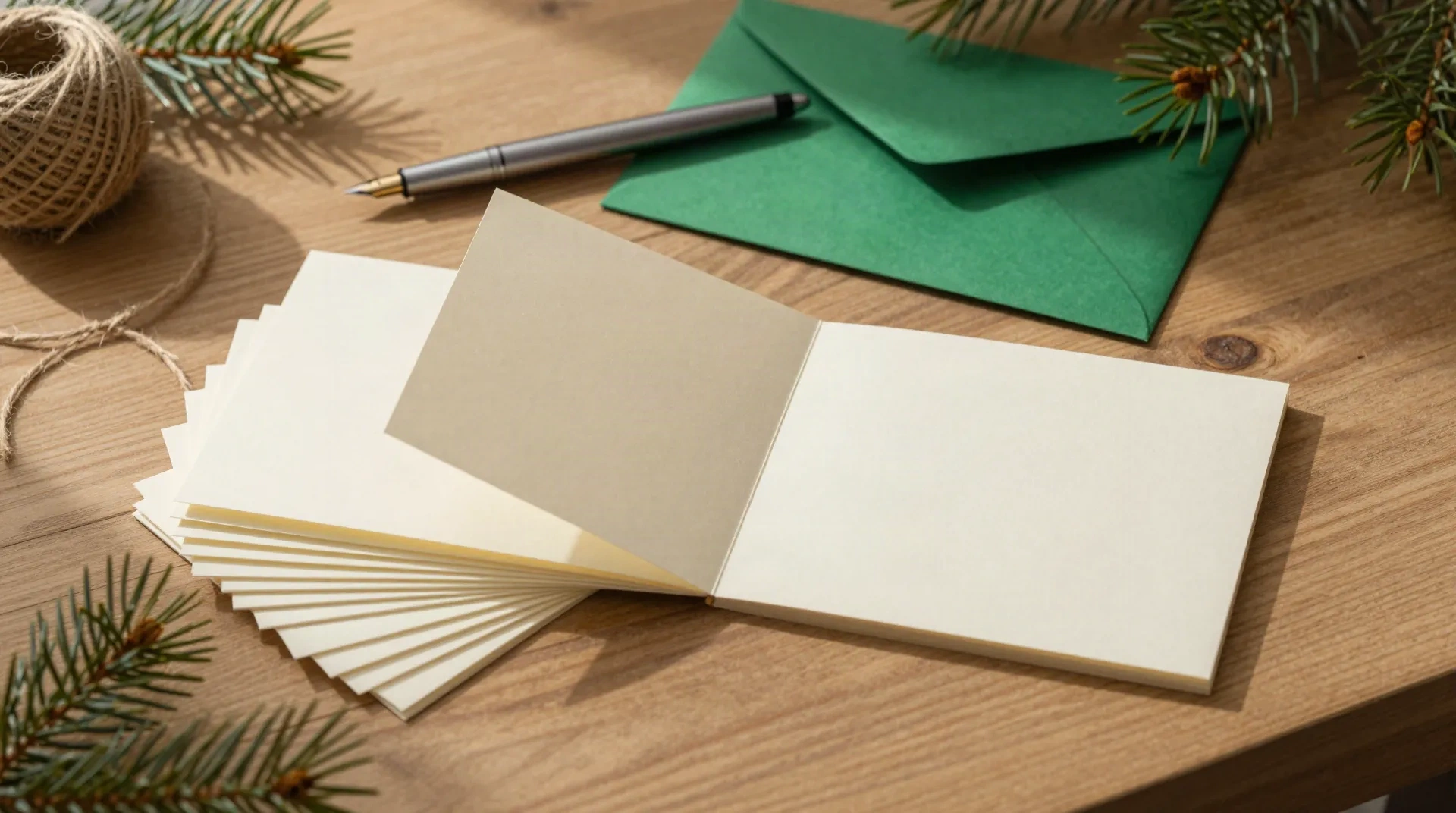 Blank cream Christmas cards, a green envelope and a fountain pen on a wooden desk with pine sprigs