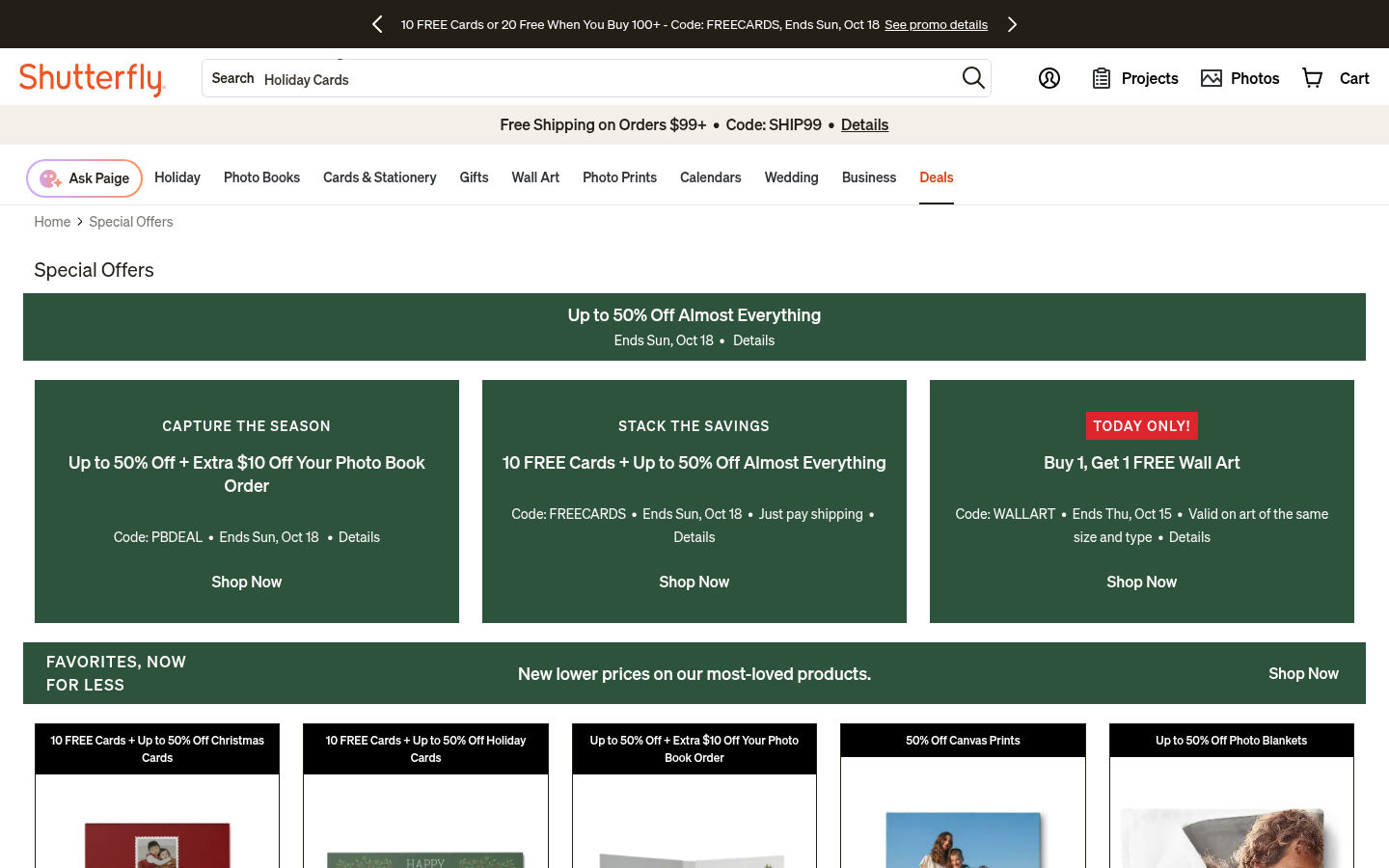 Shutterfly special offers page listing up to 50% off and the free shipping threshold