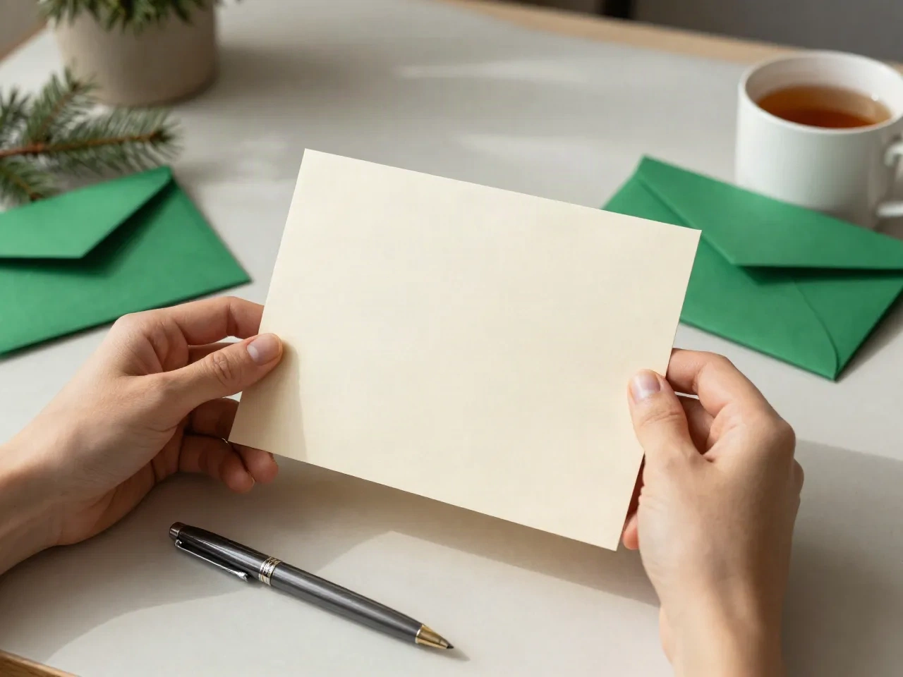 Hände halten eine leere, cremefarbene gefaltete Weihnachtskarte über einem Tisch mit Umschlägen, einem Stift und Tee