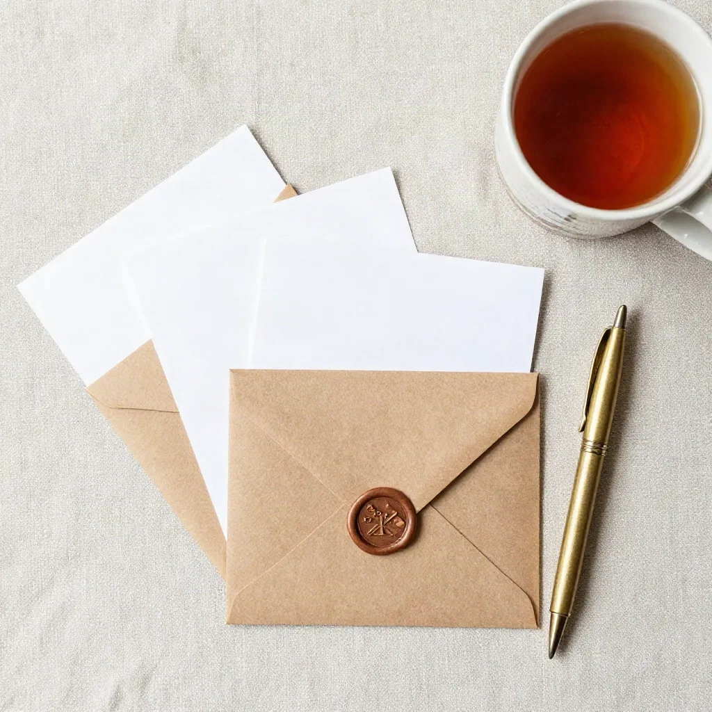 Stapel Weihnachtskarten in Kraftpapier-Umschlägen mit Wachssiegel, einem Messingstift und einer Tasse Tee