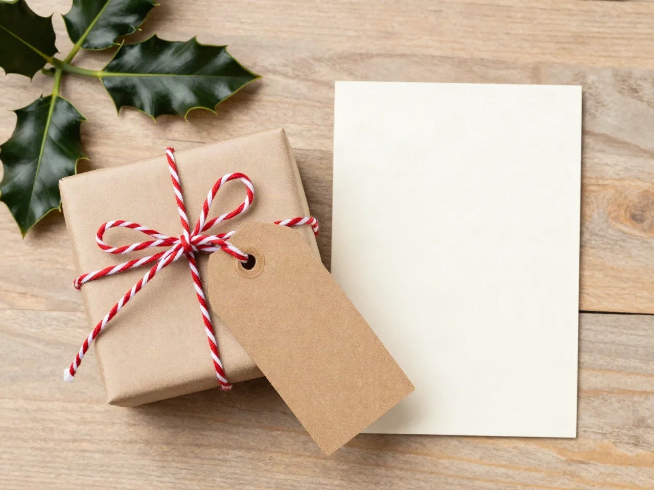 Kleines Geschenk in braunem Kraftpapier mit rot-weißer Kordel und einem leeren Anhänger neben einer leeren cremefarbenen Karte