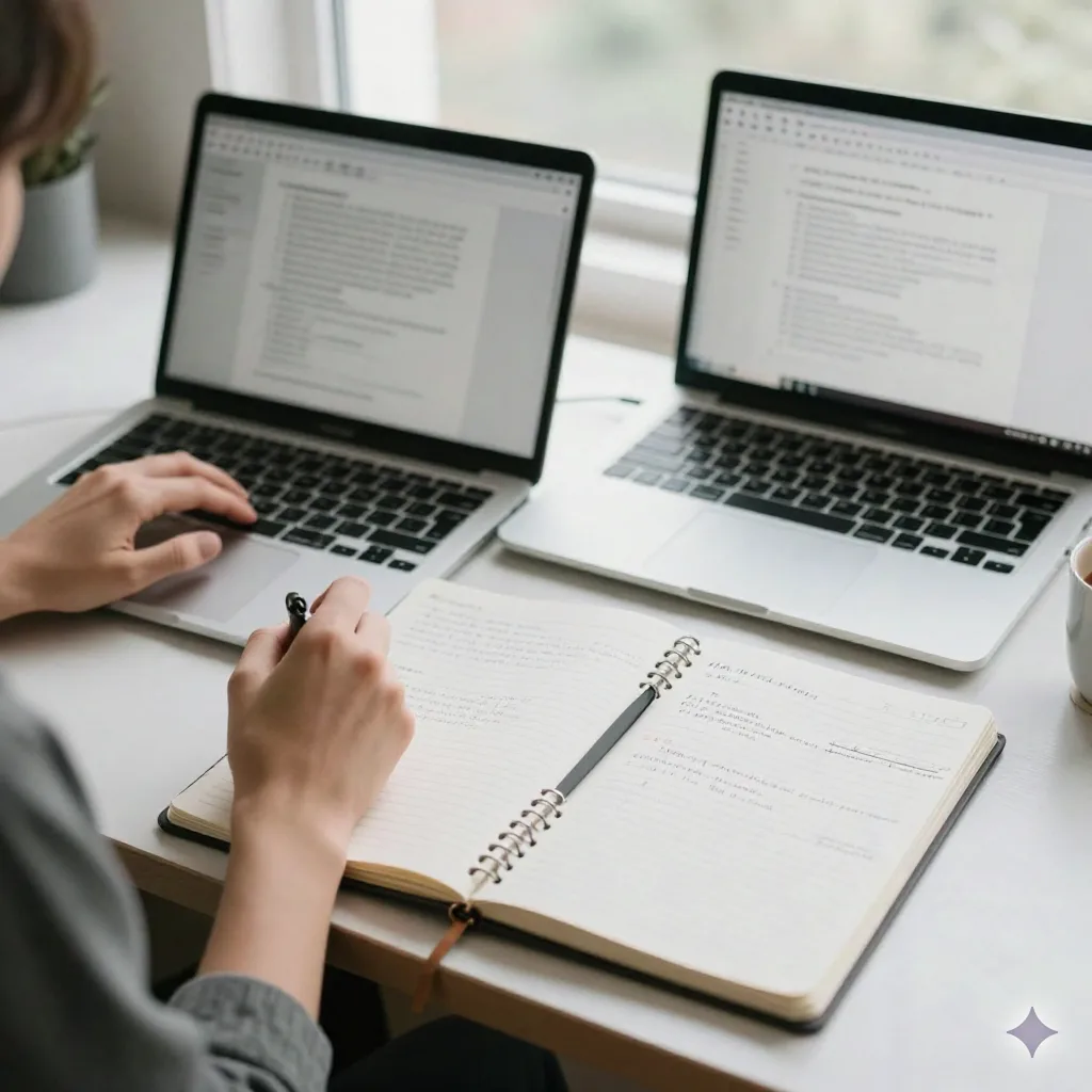 Writer using laptop and paper notebooks side by side to create structured story summaries at a workspace