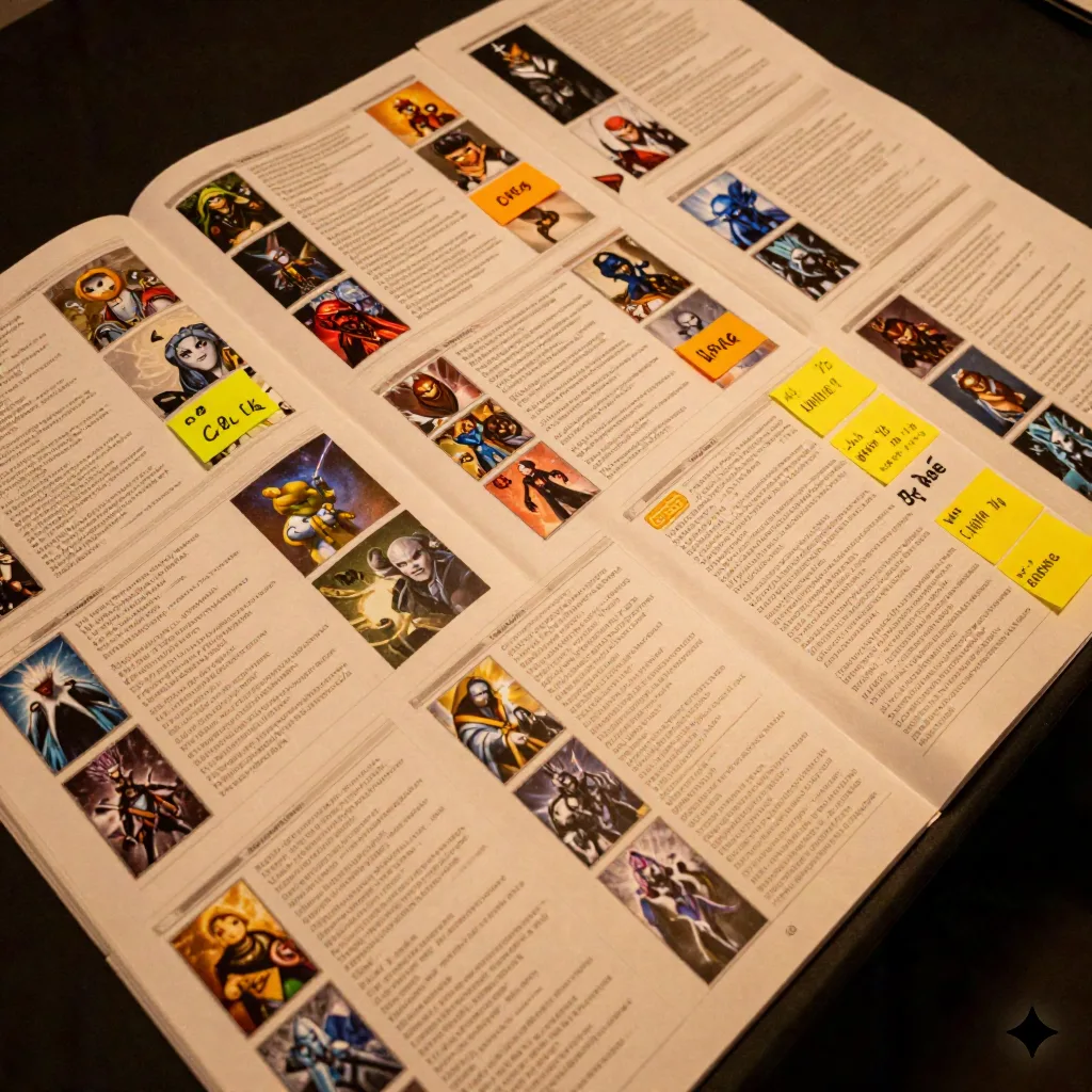 Organized campaign codex pages and faction summaries spread on a gaming table with color-coded notes