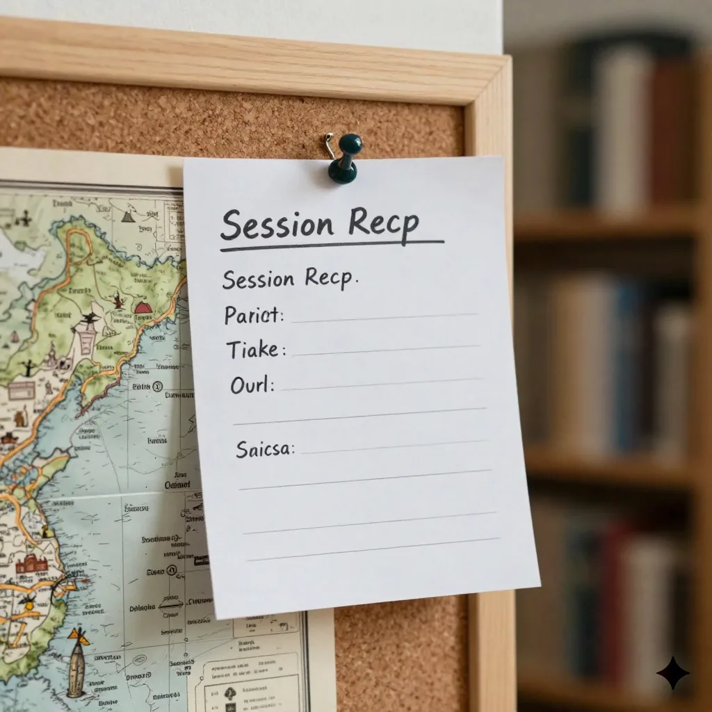 Handwritten session recap card pinned to cork board next to a fantasy campaign map