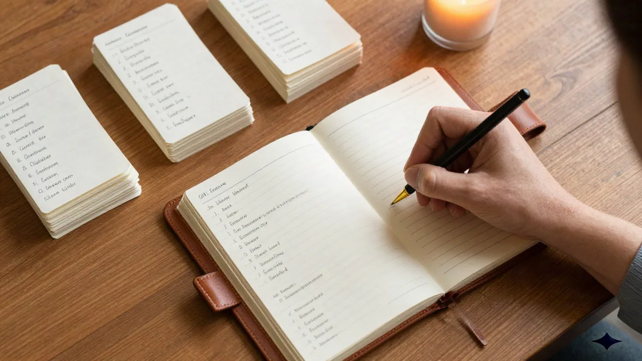 GM writing structured campaign notes in a leather journal at a candlelit table