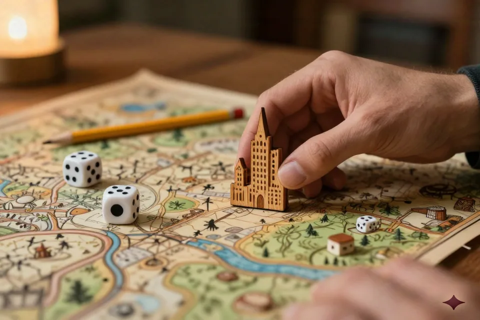 A game master placing a wooden city marker on a hand-illustrated fantasy map beside dice and a pencil