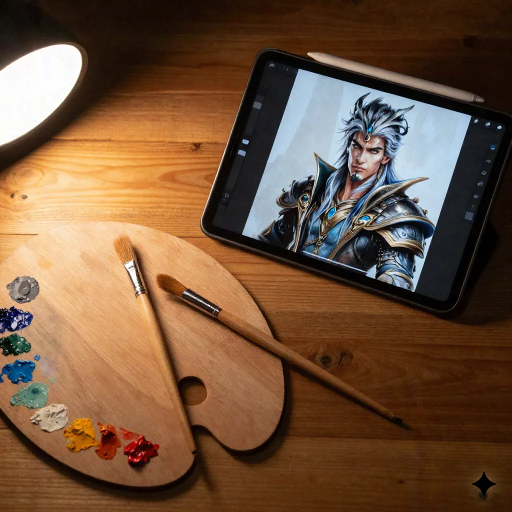 Flat-Lay einer Ölmalerei-Palette und Pinseln neben einem Tablet mit einem halb-fertigen gemalten Charakterporträt