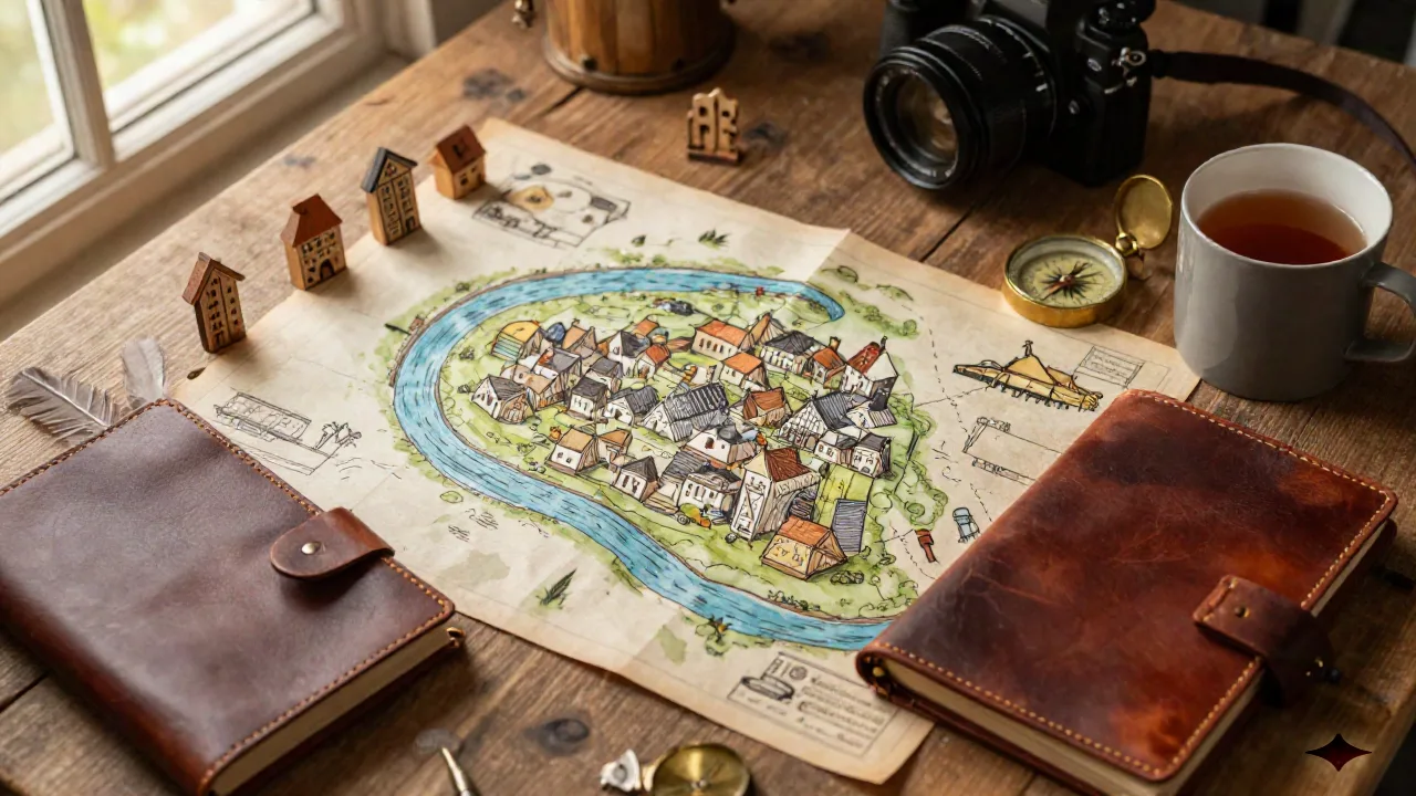 Rustykalny stolik z odręcznie narysowaną mapą wsi fantasy, rzeźbionymi drewnianymi znacznikami miast, rejestrem młynarza, piórem i kompasem w ciepłym świetle popołudnia