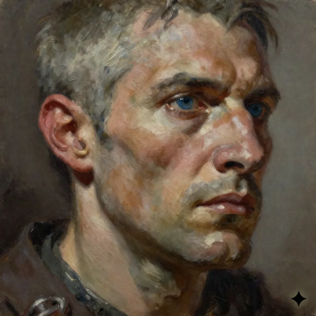 Ölgemälde-Porträt eines verwitterten Fantasy-Söldners mit sichtbaren Impasto-Pinselstrichen