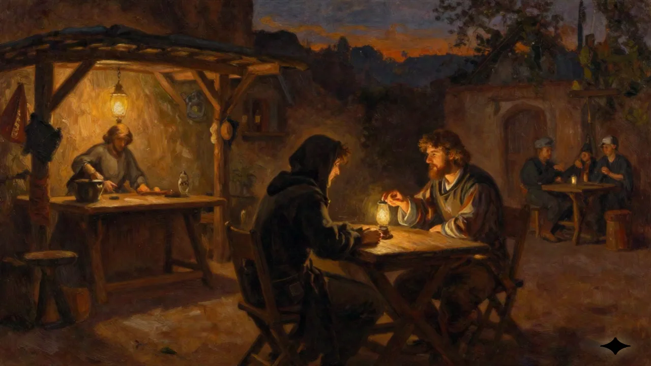 Ölgemälde eines verschleiert reisenden Kaufmanns, der mit einem Wirt bei Laternenlicht einen Handel abschließt - Herbergs-Innenhof im Fantasy-Setting