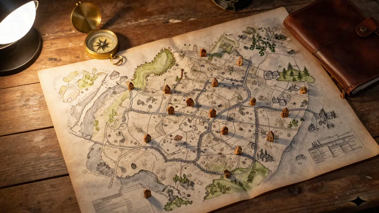 Un mapa de campaña dibujado a mano sobre una mesa de madera con marcadores de asentamiento tallados, una brújula y un cuaderno