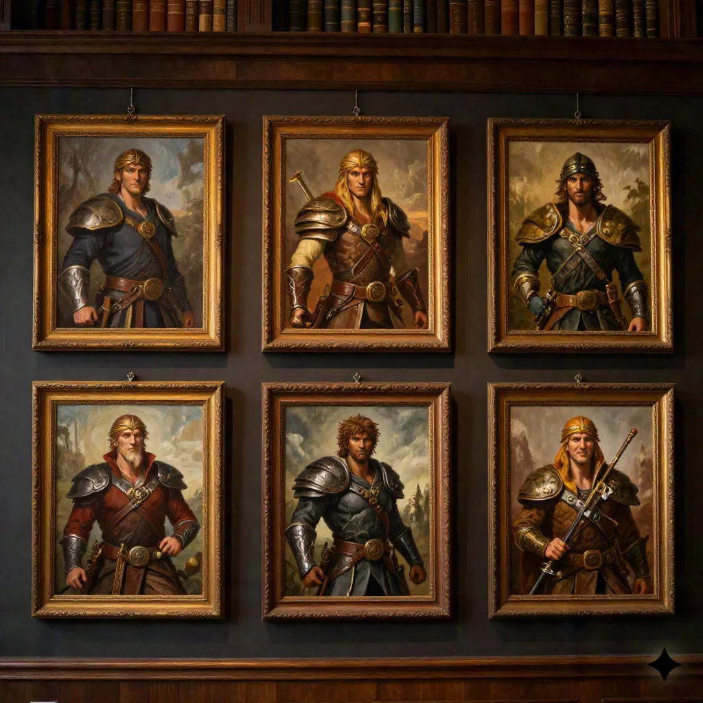 Eine Galerie-Wand von sechs gerahmten Ölgemälde-Porträts einer Abenteuer-Gruppe in einheitlicher Palette