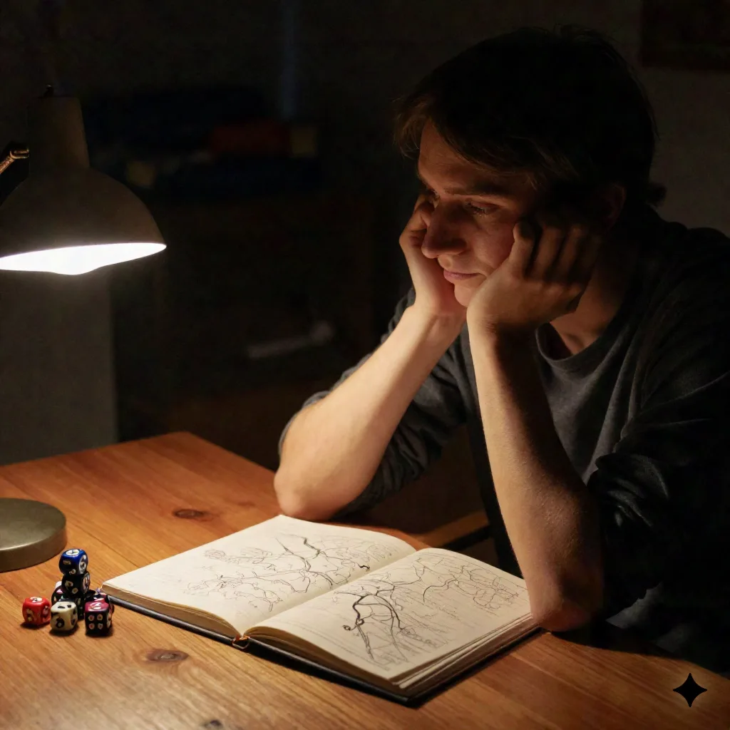 A writer at a lamp-lit table looking thoughtfully at an open notebook of sketched maps, dice nearby