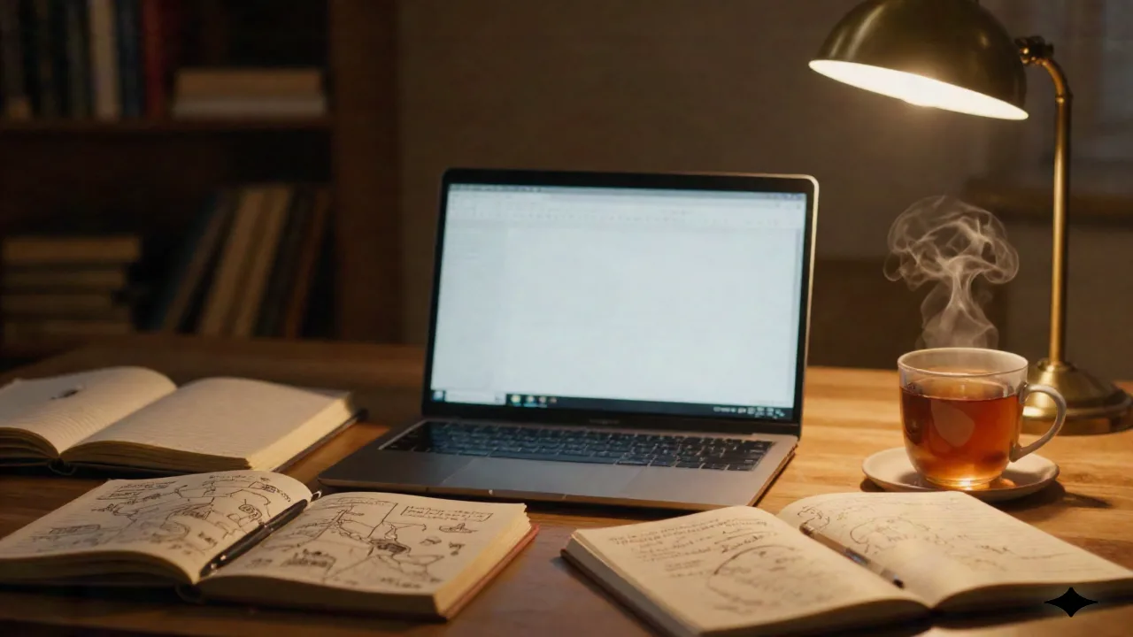Una scrivania di romanziere al tramonto con laptop aperto, pagine di mappa fantastica scritte a mano, e una calda lampada di ottone