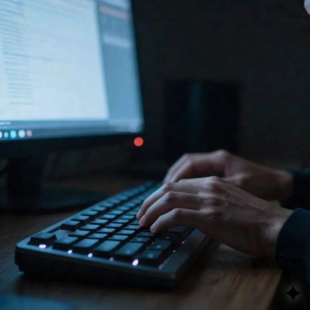 Close-up of a writer typing on a keyboard at night under a blue monitor glow