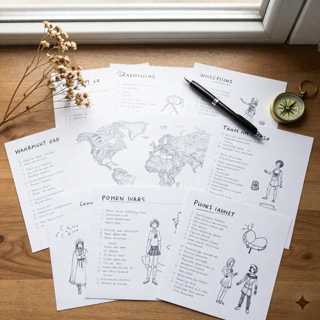 Flat lay of handwritten worldbuilding index cards, character sketches, and a fountain pen on a wooden table