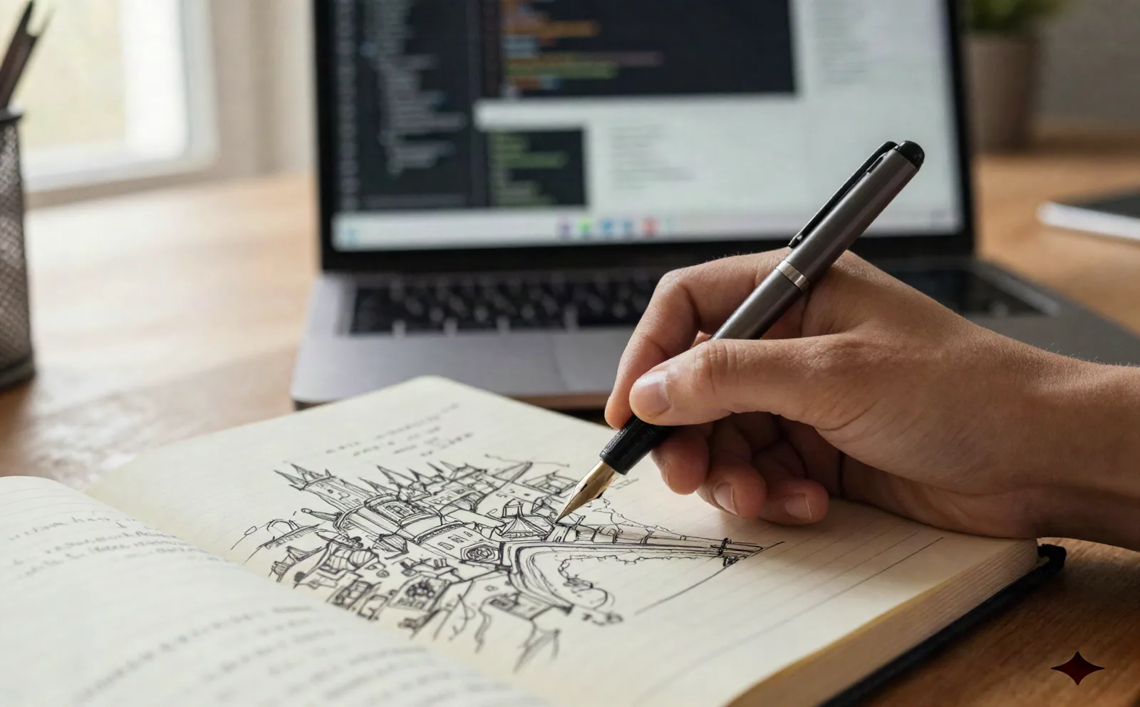 Dekat, tangan menulis catatan kampanye dan peta buatan tangan kota di notebook kertas di samping laptop terbuka