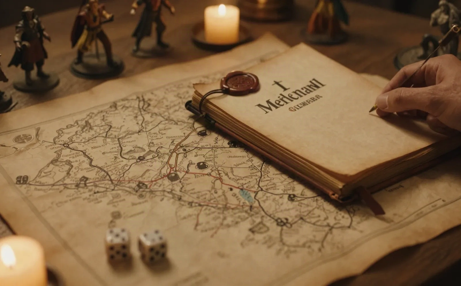 A hand-drawn campaign map with a wax-sealed merchant guild ledger, candlelight, and tabletop miniatures