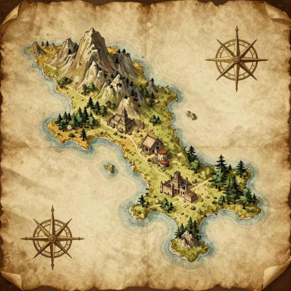 Aged parchment fantasy map with hand-drawn archipelago, mountain ranges and ruins -- a worldbuilding reference created with AI