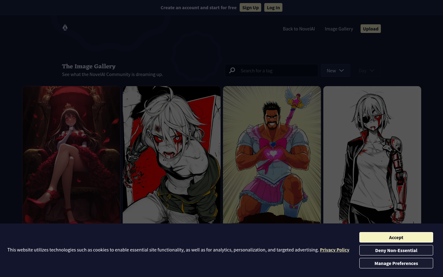 NovelAI Explore community gallery, showing the anime image generation half of the account